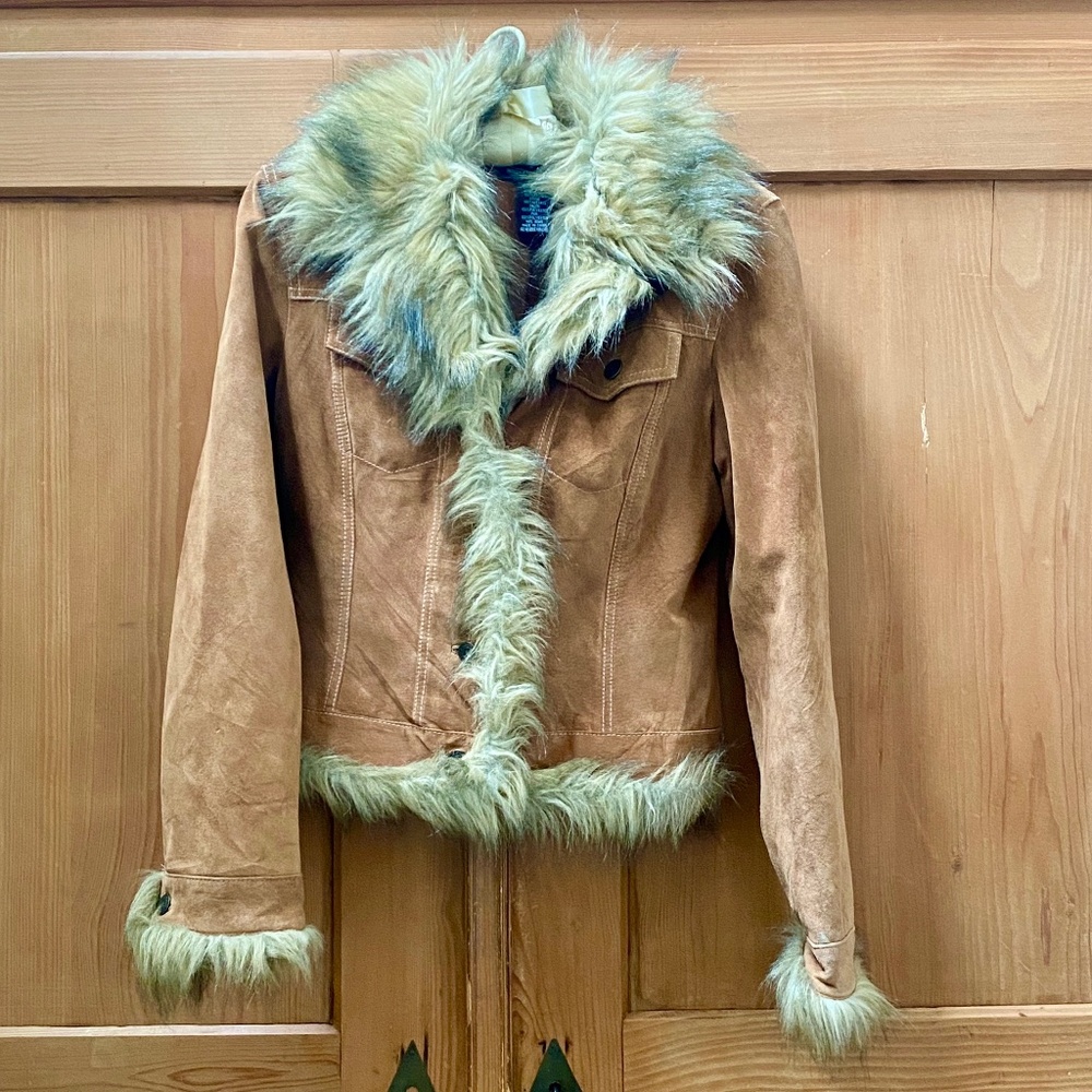 Sueded Pigskin Leather Jacket with Faux Fur Trim Sz S